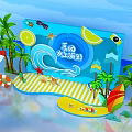 Summer Water Party Scene With Palm Trees Lemon Slices Sunglasses Lifebuoy And Seashells