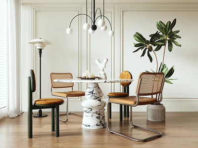 Modern Dining Table Set With Marble Top Rattan Chairs Pendant Lights And Green Plant 3d model