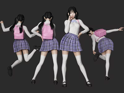 Young Girl In School Uniform With Pink Backpack Plaid Skirt White Socks And Different Poses 3d model