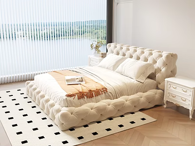 Cream Tufted Double Bed With White Pillows Nightstands And Checkered Rug On Wooden Floor 3d model