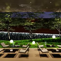 Garden Courtyard Design With Outdoor Seating Trees Stone Wall And Hanging Lights