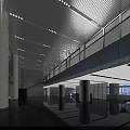 Modern Reception Desk in Spacious Lobby with Glass Railings Tall Columns and Polished Floors