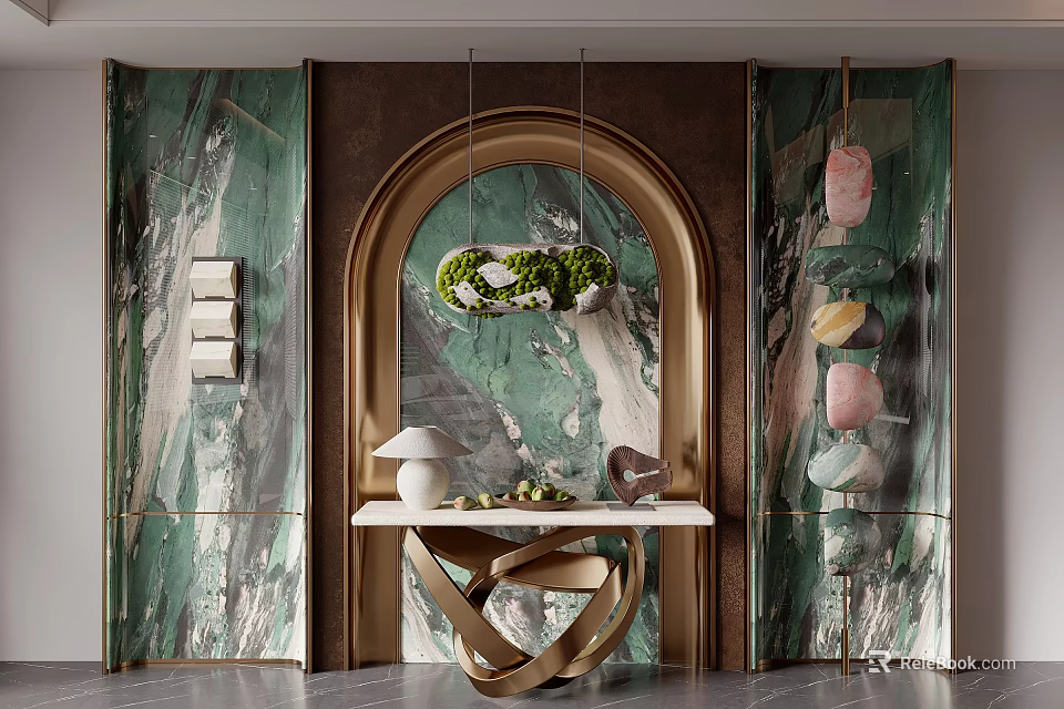 Modern Entryway With Arched Design Green Marble Walls Hanging Pendant Light And White Console Table 3d model 