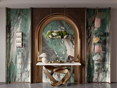 Modern Entryway With Arched Design Green Marble Walls Hanging Pendant Light And White Console Table 3d model