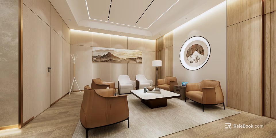 Hotel Public Lounge Area with Modern Design Elegant Sofas Coffee Table Decorative Paintings Round Mirror 3d model