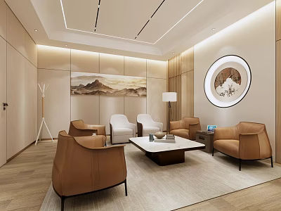 Hotel Public Lounge Area with Modern Design Elegant Sofas Coffee Table Decorative Paintings Round Mirror 3d model