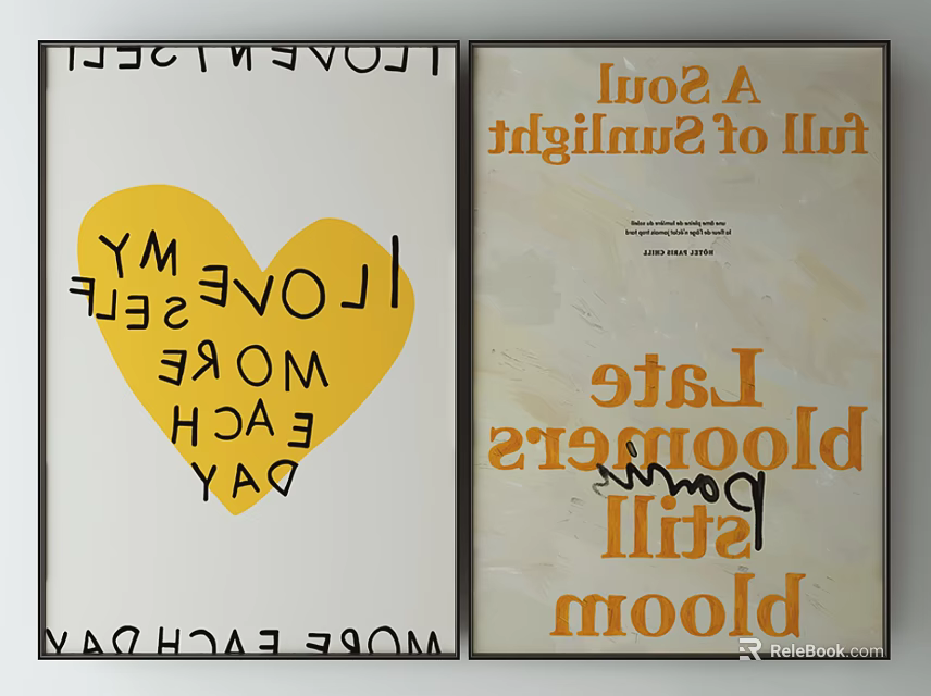 Decorative Wall Posters With Yellow Heart And Inspirational Quotes In Frames 3d model 