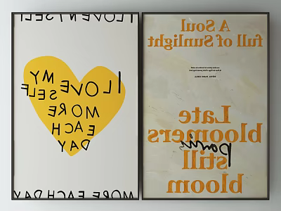 Decorative Wall Posters With Yellow Heart And Inspirational Quotes In Frames 3d model