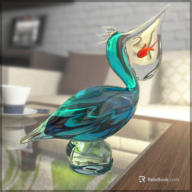 Turquoise Glass Pelican Figurine Decorative Set with Red Fish Inside for Living Room Table 3d model 