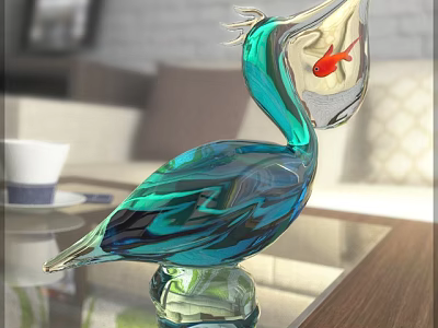 Turquoise Glass Pelican Figurine Decorative Set with Red Fish Inside for Living Room Table 3d model