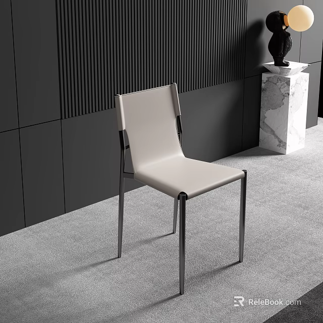 Modern Beige Leather Leisure Chair with Sleek Metal Legs and Dark Wall with Marble Pedestal 3d model 