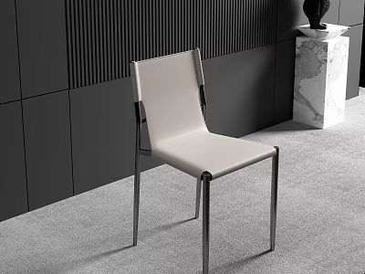 Modern Beige Leather Leisure Chair with Sleek Metal Legs and Dark Wall with Marble Pedestal 3d model