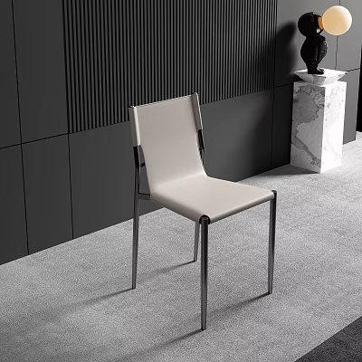 Modern Beige Leather Leisure Chair with Sleek Metal Legs and Dark Wall with Marble Pedestal 3d model