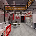 Modern Restaurant Interior With Dining Tables Chairs Beverage Refrigerators And Wall Decor