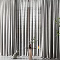 Gray Linen Curtains In Indoor Room With Cat Small Side Table And Green Plant