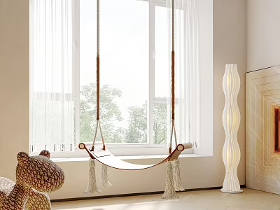 Cozy Indoor Hammock Chair Hanging By Window With White Curtains Natural View And Floor Lamp 3d model