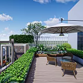 Modern Garden Landscape With White Building Stone Path Wooden Terrace Pond Green Plants And Lighting