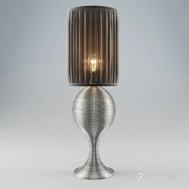 Elegant Table Lamp With Brown Striped Shade And Silver Metallic Base Featuring Lit Bulb 3d model