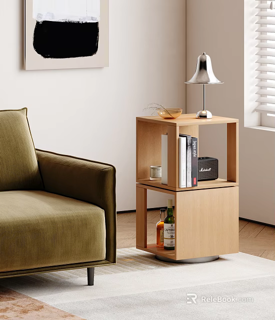 Modern Wooden Side Table With Multi Tiered Design Table Lamp Books And Wine Bottles 3d model 