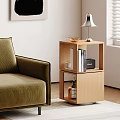 Modern Wooden Side Table With Multi Tiered Design Table Lamp Books And Wine Bottles