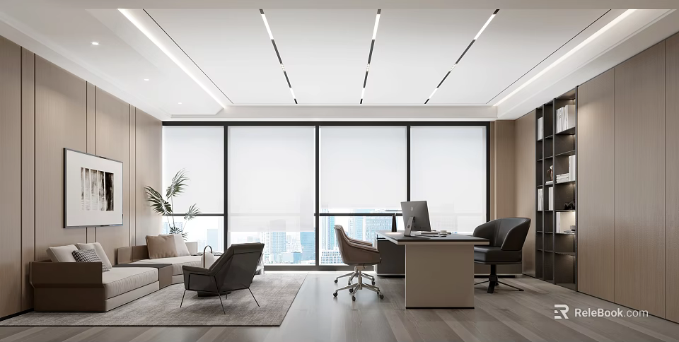 Modern Office Interior Featuring Large Windows Sofa Desk Bookshelf Plants And City View 3d model 