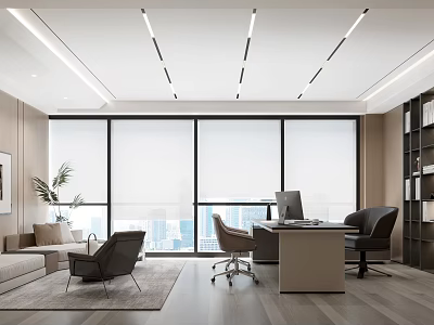 Modern Office Interior Featuring Large Windows Sofa Desk Bookshelf Plants And City View 3d model