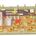 Cartoon Style Oil Industry Facility With Storage Tanks Oil Pumps Trucks And Roads