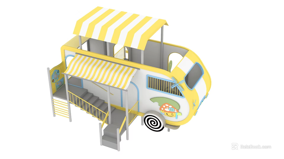 Colorful Playground Equipment With Yellow White Striped Awning Mushroom Design And Stairs 3d model 