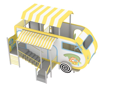 Colorful Playground Equipment With Yellow White Striped Awning Mushroom Design And Stairs 3d model