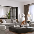 Living Room Interior Design With Light Gray Sofa Coffee Table Tea Set And Orange Flowers