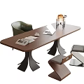 Modern Wooden Desk with Unique Legs Laptop Magazines and Table Lamp
