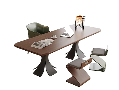 Modern Wooden Desk with Unique Legs Laptop Magazines and Table Lamp 3d model