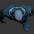 Futuristic Humanoid Character in Blue and Gold Tight Suit with Intricate Patterns and Metallic Accents