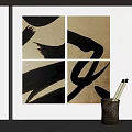Abstract Painting Four Panel Wall Art with Black Brush Strokes and Beige Background