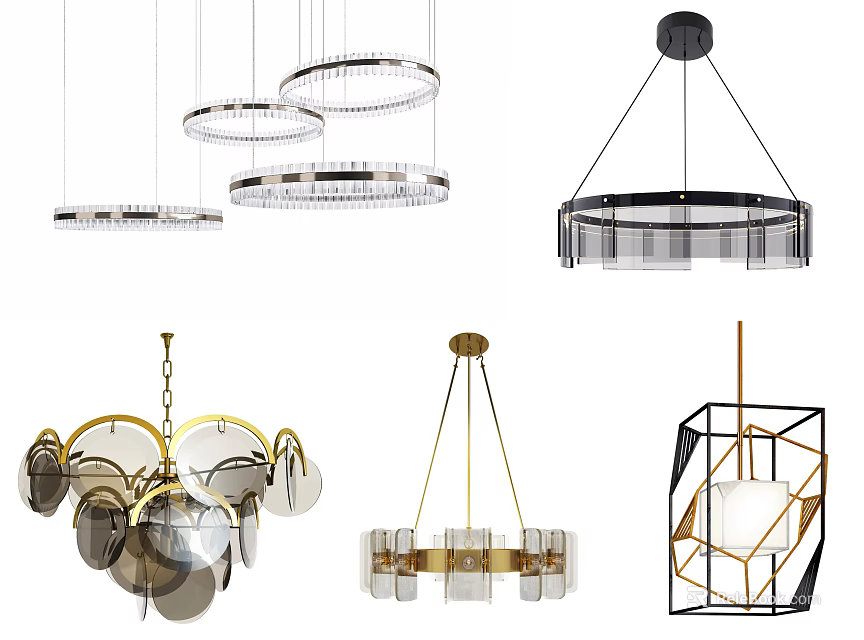 Modern Chandelier Designs with Crystal Metal and Geometric Shapes in Various Styles 3d model 