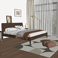 Cozy Bedroom Double Bed With Wooden Headboard White Pillows Wall Art And Table Lamp