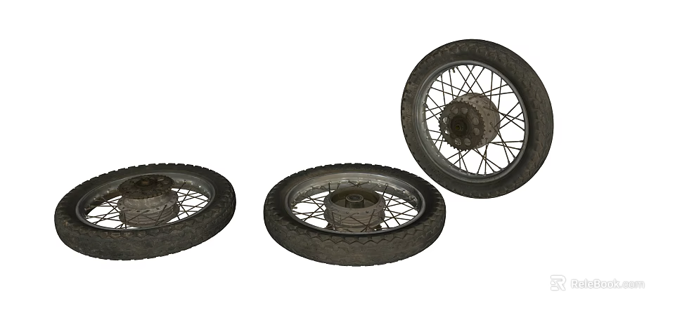 Three Old Motorcycle Tires With Spoked Wheels And Rubber Treads 3d model 