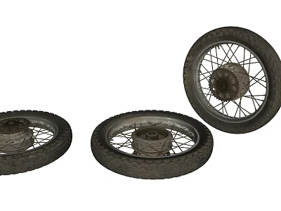 Three Old Motorcycle Tires With Spoked Wheels And Rubber Treads 3d model