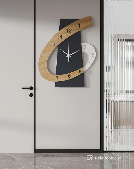 Modern Wall Mounted Clock With Wooden And Black Circular Design Elements 3d model
