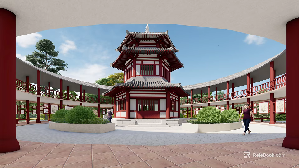 Ancient Chinese Pagoda Architecture With Multi Story Structure Overhanging Eaves Circular Corridor And Green Plants 3d model 