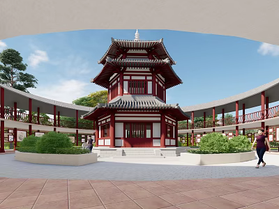 Ancient Chinese Pagoda Architecture With Multi Story Structure Overhanging Eaves Circular Corridor And Green Plants 3d model