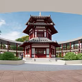 Ancient Chinese Pagoda Architecture With Multi Story Structure Overhanging Eaves Circular Corridor And Green Plants