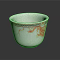 White Ceramic Cup With Red Dragon And Crane Patterns Ornate Geometric Border Around Rim