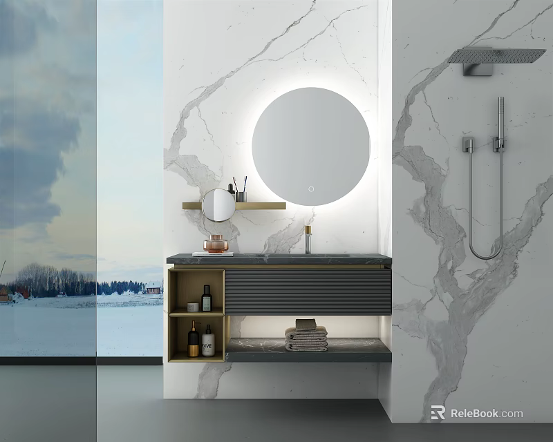 Modern Bathroom Washbasin Vanity With Round Mirror Marble Wall And Open Storage 3d model