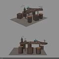 Wooden Tea Table and Stools with Tea Set and Decorative Plants 3d model