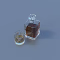 Transparent Square Wine Bottle With Brown Liquid And Wine Glass With Ice Cubes