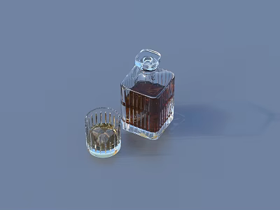 Transparent Square Wine Bottle With Brown Liquid And Wine Glass With Ice Cubes 3d model