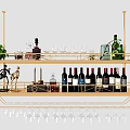 Modern Wine Cabinet With Golden Frame Multi Layer Shelves Wine Bottles And Green Plants