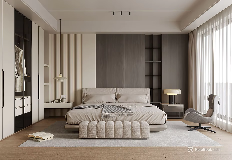 Modern Bedroom Interior Design With Double Bed Bedside Tables Table Lamps And Accent Chair 3d model 