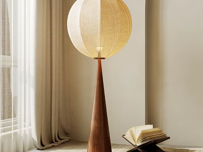 Modern Floor Lamp With Wooden Cone Base And Beige Fabric Shade Near Open Book 3d model